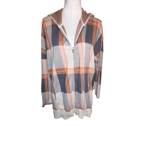 Stem 100% Organic Cotton Fall Plaid Striped Zip Hooded Kangaroo Pockets XS-S - Picture 2 of 10